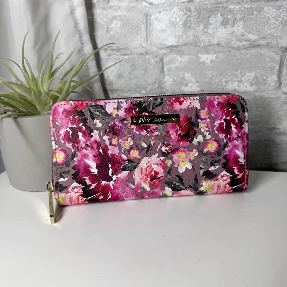 Betsey Johnson Pink Floral Zip Around Wallet Women’s Gold Tone NWOT